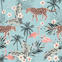 Tropical leopard animals, pink flamingo birds, plumeria flowers, palm leaves, trees blue background. Vector seamless pattern. Graphic illustration. Summer beach floral design. Paradise nature