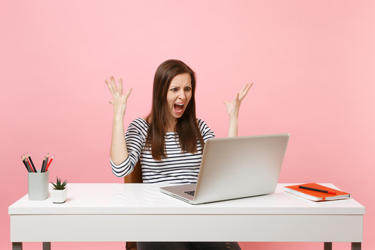 Young Angry Woman In Casual Clothes Screaming Have Problem Spreading Hands Work On Project With Laptop While Sit At Office Isolated On Pastel Pink Background. Achievement Business Career. Copy Space.