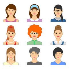 Set of female avatar.  Collection of different women faces on isolated background.