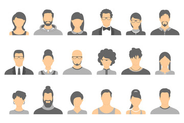 Set of anonymous avatar icons.  Vector collection of different male and female faces on isolated background.