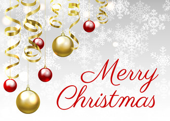 Christmas baubles and golden serpentine streamers. Christmas card