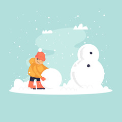 Child sculpts a snowman, winter. Flat vector illustration in cartoon style.