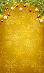 Christmas baubles and golden serpentine streamers. Christmas card