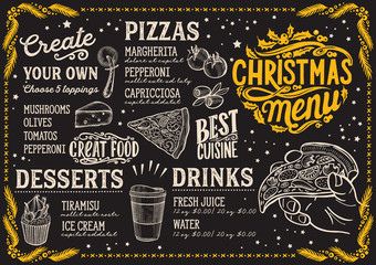 Christmas menu template for pizza restaurant on blackboard.