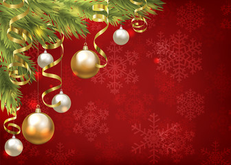 Fototapeta na wymiar Christmas baubles and golden serpentine streamers. Christmas card