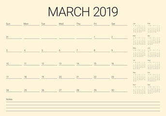 March 2019 desk calendar vector illustration