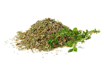 green thyme with dried thyme leaves isolated on white background close up