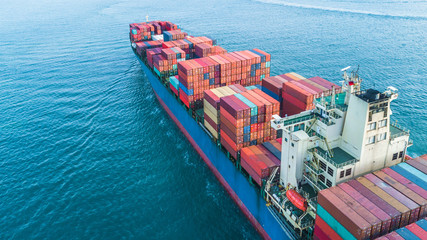Aerial view container cargo ship, business freight shipping international by container cargo ship...