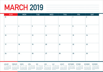 March 2019 desk calendar vector illustration