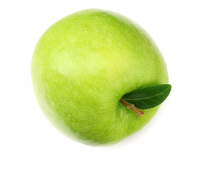 one green apple isolated on white background. top view