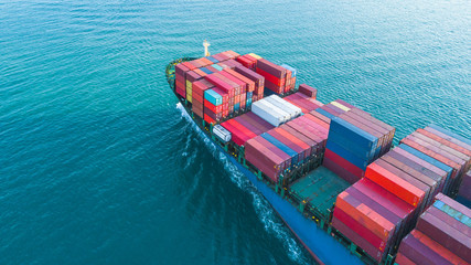 Aerial view container cargo ship, business freight shipping international by container cargo ship...