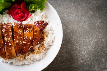 grilled chicken with teriyaki sauce on topped rice