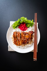grilled chicken with teriyaki sauce on topped rice