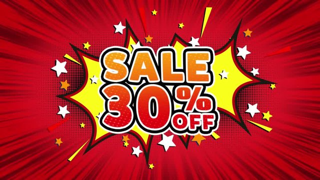 Sale 30% Off Word Retro Cartoon Comic Bubbles Popup Style illustration. Colored Bomb Strip Dotted and red Speed Radial line Seamless loop. black green screen 4k doodle background