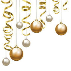 Christmas baubles and golden serpentine streamers. Christmas decoration clip art.