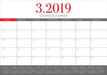 March 2019 desk calendar vector illustration