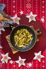Christmas dinner lunch healthy food on red tablecloth with vegetables