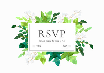 Floral wedding invitation or save the date card with green leaves, succulents, eucalyptus and white may flowers. Vector illustration.
