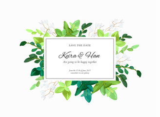 Floral wedding invitation or save the date card with green leaves, succulents, eucalyptus and white may flowers. Vector illustration.