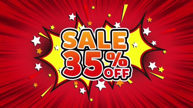 Sale 35% Off Word Retro Cartoon Comic Bubbles Popup Style illustration. Colored Bomb Strip Dotted and red Speed Radial line Seamless loop. black green screen 4k doodle background