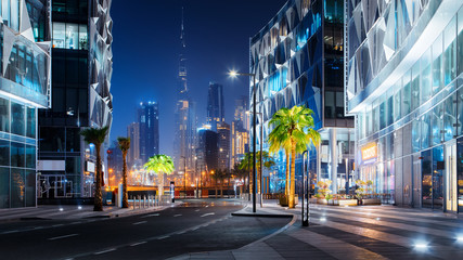 Beautiful view to Dubai downtown city center skyline from Design District at night, United Arab...