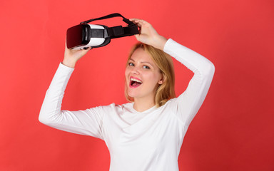 The woman with glasses of virtual reality. A person in virtual glasses flies in room space. Amazed...