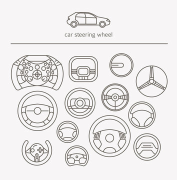 Equipment for transport driving logo set. Helmet, rudder, car steering wheels thin line icons