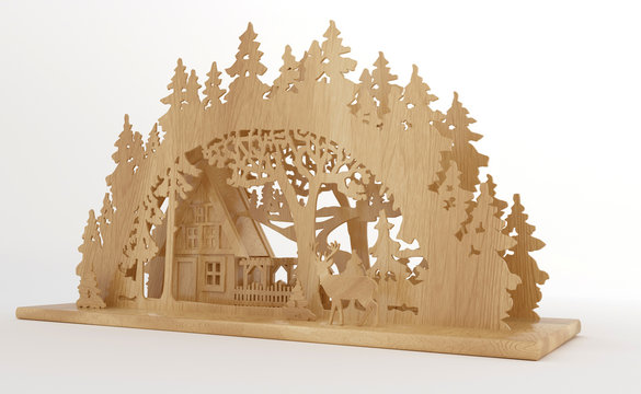 3d rendering wooden candle stand tradition new year's christmas tree house deer wood carving