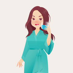 Illustration woman in green robe rinsing and gargling while using mouthwash from a glass.