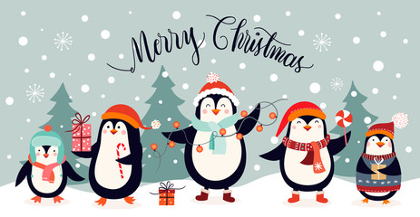 Christmas card design with cute penguins on an winter landscape - obrazy, fototapety, plakaty