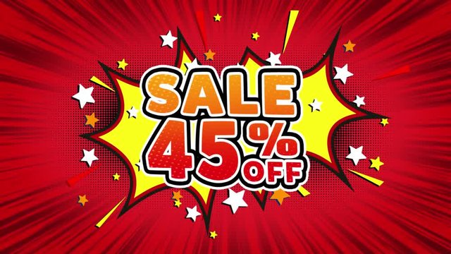 Sale 45% Off Word Retro Cartoon Comic Bubbles Popup Style illustration. Colored Bomb Strip Dotted and red Speed Radial line Seamless loop. black green screen 4k doodle background