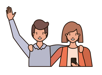 couple with hands up and smartphone avatar character