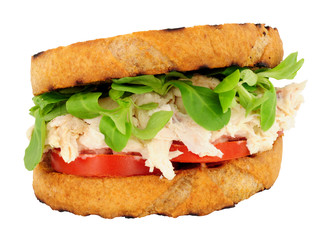 Chicken and mayonnaise sandwich with tomato and watercress isolated on a white background