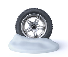 Fototapeta na wymiar snow tires on a snow 3d render on white