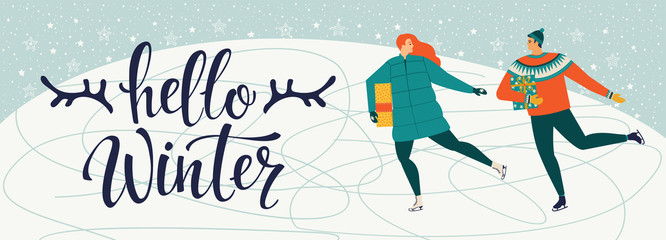 A man and a woman are skating together. Hello winter.