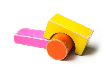 closeup of colorful wooden blocks on white background
