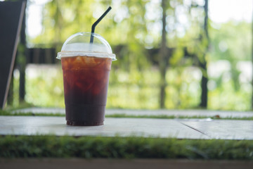 Close up ice long black coffee in coffee shop