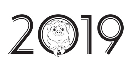 Charming pig symbol of year 2019. Black and white vector illustration on isolated white background