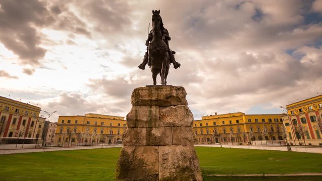 Skanderbeg statue time lapse at the Skanderbeg Square in Tirana, Albania. 4K footage. 