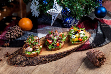  Bruschetta with cheese Myba bacon, meat, sauce, cherry tomatoes,  New Year's menu