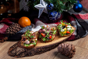 Fototapeta na wymiar Bruschetta with cheese Myba bacon, meat, sauce, cherry tomatoes, New Year's menu