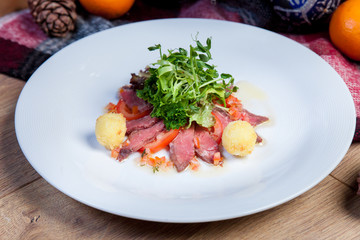 Meat sliced. cold boiled pork, red meat,  New Year's menu