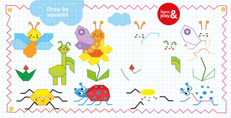 Draw by squares game for children. Insects and flowers. Looking at sample draw on squares all insects using desired color pencils. Vector hand draw game training. Learn and play. for kids magazine