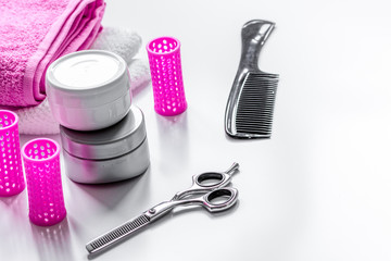 hairdresser working desk preparation for cutting hair