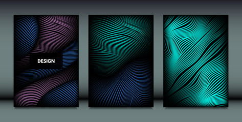 Flowing Wavy Lines in Movement. Abstract Backgrounds with Vibrant Gradient and Metallic Effect in Futuristic Style. 3D Vector Abstraction with Distortion of Shapes. Wavy Lines for Cover, Brochure.