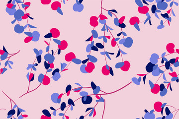 Bright Floral Seamless Pattern. Vector Eucalyptus Leaves and Beautiful Blossom Elements. Colorful Botanical Summer Background. Floral Seamless Pattern for Wedding Design, Print, Textile, Fabric, Paper