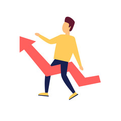man sits on the arrow, rise, good luck in business. Flat style vector illustration.