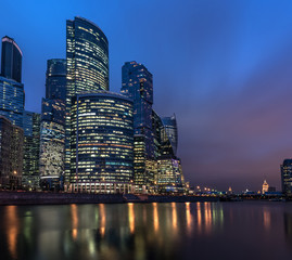 View at Moscow-city skyscrapers in the business district of the Russian capital at sunset.