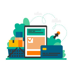 Online Shopping, Phone Credit Card and Shopping Basket. Flat style vector illustration.