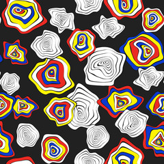 Hand Drawn Wavy Circles. Abstract Seamless Background in Ethnic Style. Vector Psychedelic Pattern with Deformed Rounds. Wave Seamless Pattern for Fabric, Textile, Cloth Design. Distortion, Spots.